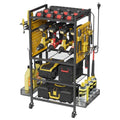 Power Tool Organizer Cart with Charging Station, Heavy Duty Garage Tool Organizer Rolling Tool Battery Storage with 8-Outlet Power Strip, 4 Wheels, 2 Hanging Baskets, 8 Hooks, Drill Bit Holder, Yellow