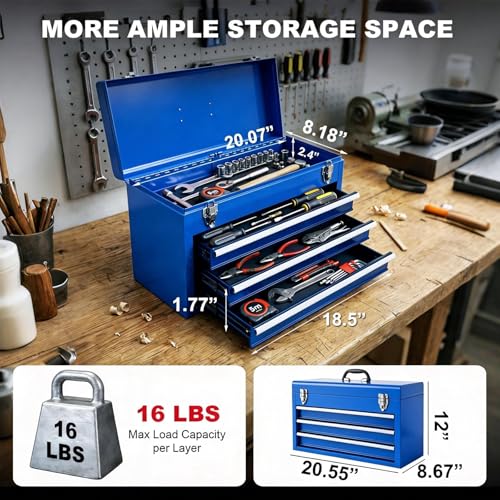 BIG RED ANTBD133-XU Torin 3 Drawer 20.5" Portable Metal Tool Box: Ball-Bearing Slides and 2 Metal Latches for Secure Closure in Garage, Home or Workbench, Blue
