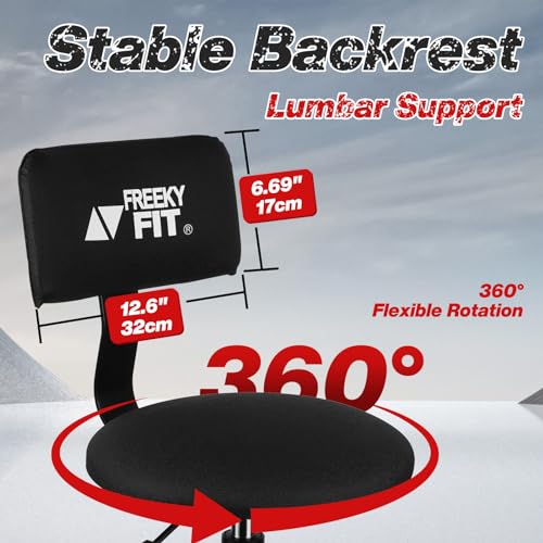 FreekyFit Shop Stool with Backrest, Mechanic Garage Stool for Workshop, Adjustable Shop Stools Chair, Padded Workbench Stools for Men Women, 300 LBS Capacity, 360° Swivel PVC Seat, Heavy Duty, Black