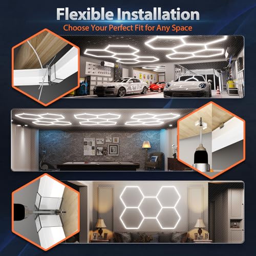 Litezone Hexagon Garage Lights: 168W 5 Grids LED Garage Lights - Easy Install 6500K Super Bright Honeycomb Light for Workshop Warehouse Car Detailing Shop Exhibition Hall Gym