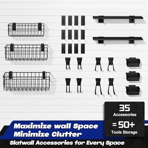 janasse 35-Piece Metal Slatwall Accessories Set for Garage Storage, Includes Wire Baskets, Heavy-Duty Hooks, Shelves & Bins, Fits Standard Slatwall Panels