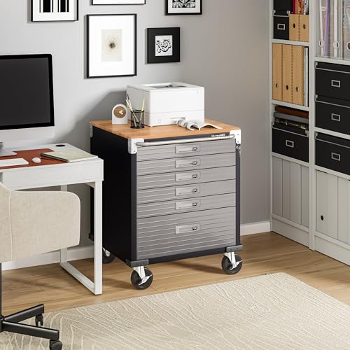 Seville Classics UltraHD Heavy Duty Rolling Cabinet Workbench Table w/Solid Wood Top, Workstation for Garage, Office, Workshop, Graphite, 6-Drawer Soft Close (28" W x 25" D)