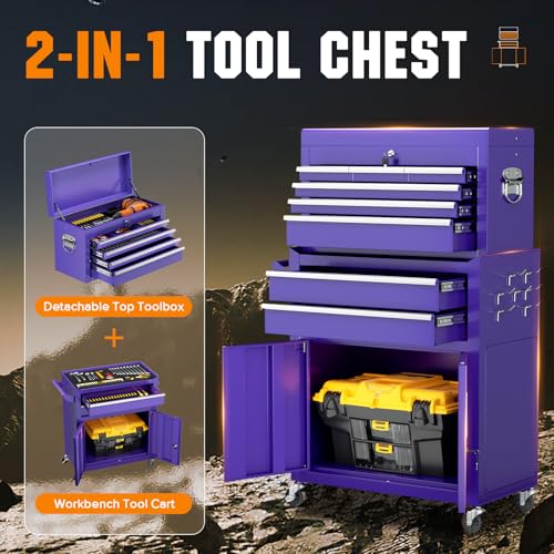 Oakcloud Lockable 8-Drawer Rolling Tool Chest & Cabinet Combo with Black Liner – Heavy-Duty Steel Garage Tool Box on Wheels – Detachable Top Toolbox & Bottom Storage Cart with Side Hooks, Purple