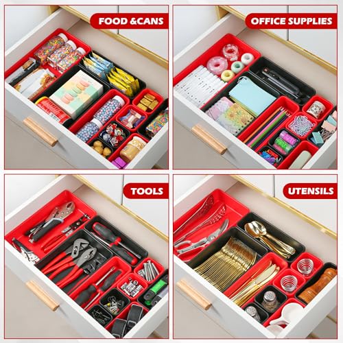 TOOLEAGUE 46Pcs & 5 Sizes Tool Box Organizer Tray Set with 15Lb Magnetic Pickup Pen,Drawer Organizer Bin, Garage Organization and Storage Workshop Rolling Tool Chest WorkBench Small Part(Black, Red)