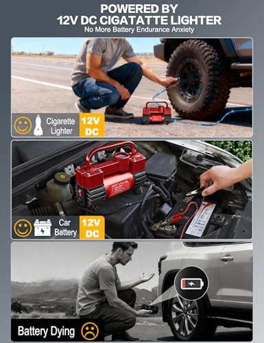 GSPSCN 6X Faster Inflation Tire Inflator Heavy Duty Double Cylinders with Portable Bag- Car Accessories，Metal 12V Air Compressor Pump 150PSI with Adapter for Car, Truck, SUV Tires, Dinghy, Air Bed