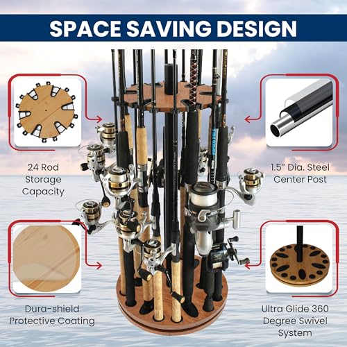 Rush Creek Creations 24 Rod Fishing Pole Holder - 360° Rotating Rack for Garage Organization and Storage, Reels, Gear, Accessories, Tackle Box