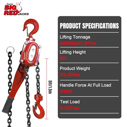 Big RED Manual Lever Chain Hoist,1-1/2 Ton 3000 lbs Capacity Come Along,G80 Grade Steel with Double-Pawl Brake,2 Heavy Duty 360° Rotation Hooks for Garage Factory Warehouse Ports Automotive Machinery