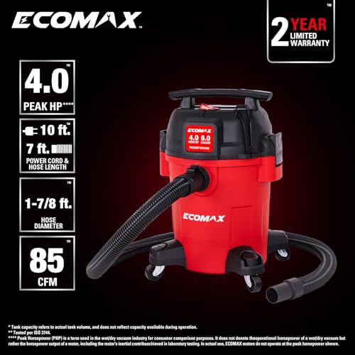 ECOMAX Ultra Quiet Wet Dry Shop Vacuum, 6 Gallon 4 HP Shop Vac, 80% Less Noise, 3X Longer Motor Lifespan, Powerful Portable Vacuum Cleaner for Garage, Jobsite, Workshop (6 Gallon)