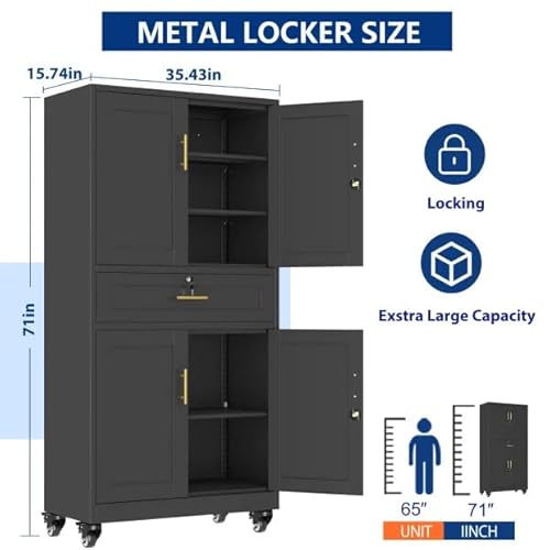 Ckzbx Metal Garage Storage Cabinet with Locking Drawers and Adjustable Shelves,71" H Steel File Cabinet with Wheels for Garage,Office (Black)