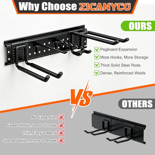 ZICANYCO Garage Tool Organizer Wall Mount 66 inches with 13 Adjustable Heavy-Duty Hooks, Garage Organization, Garden Tool Storage Rack for Garage, Yard, and Shed, Holds Up to 520 lbs
