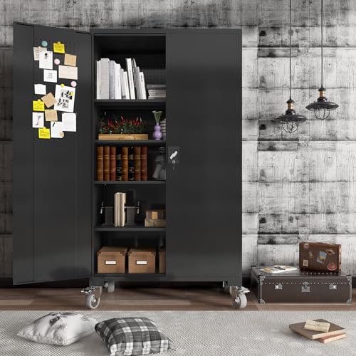 ANTISTA Large Metal Cabinet Two Lockable Doors Four Wheels,Four Adjustable dividers can be Used as Tool File Storage Suitable for garages Schools Gyms Offices