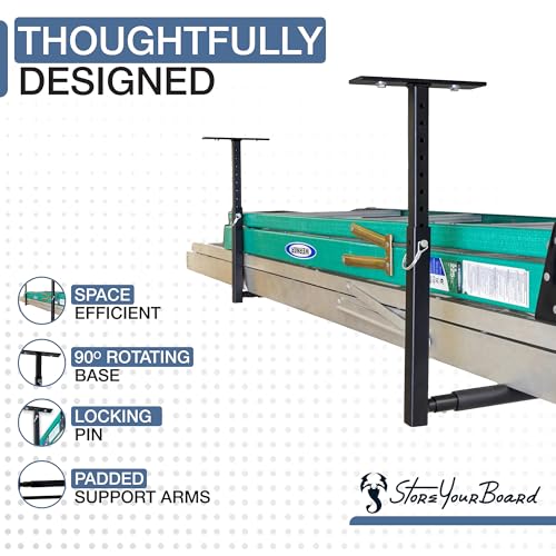 StoreYourBoard Adjustable Overhead Ladder Rack – Garage Organizer Ladder Shelf for Step & Extension Ladders - Storage Racks and Shelving for Garage Organization - Ceiling Mounted - Holds 75 lbs