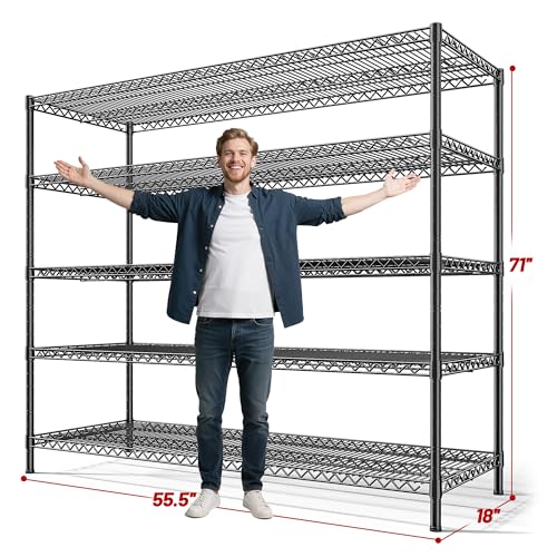 REIBII 3200LBS Storage Shelves 55.5" W Garage Shelving Heavy Duty 5 Tier Adjustable Wire Shelving Unit Metal Shelving for Garage Pantry Commercial Basement,55.5" W X 18''D X 71" H