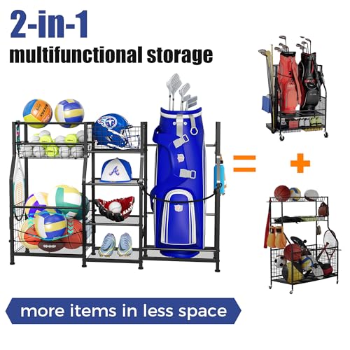 Sonyabecca Garage Sports Equipment Organizer 2 Golf Bag Stand Golf Storage Organizer for Garage with Basket and Hooks, Storage Rack for 2 Golf Bag, Golf Gift for Men, Gifts for Father