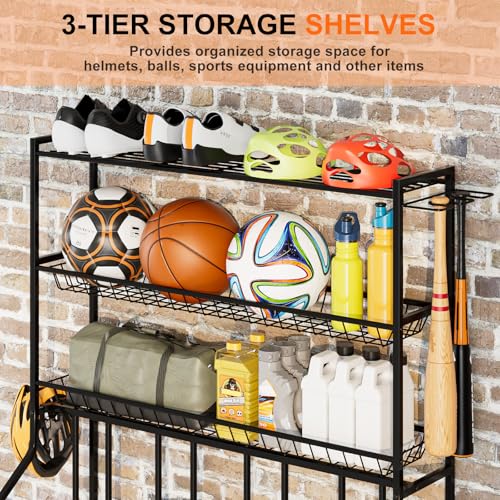 Riodalare 4 Bike Stand, Bike Rack Garage with 3-Tier Storage Baskets, Indoor Outdoor Bicycle Storage Stand Organizer, Metal Stability Floor Bicycle Station for Mountain, Road, Hybrid, Scooters