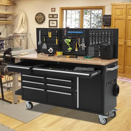 GAOMON 61-inch Rolling Tool Chest, 10 Drawers Garage Workbench Storage Tool Cabinet with Power Strip, Solid Rubber Wood Top, 1675 LBS Load Mobile Workstation, Heavy Duty Rolling Cabinet