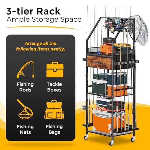 JIRTEMOT Fishing Rod Holder Organizer with Fabric Drawer & Pegboard, Space-Saving Garage Storage for 12 Rods, Reels, Tackle Boxes, Portable Fishing Gear Cart for Easy Access & Mobility