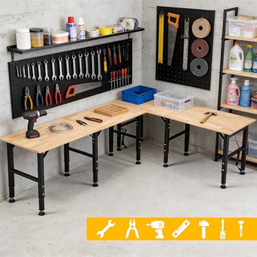 OLBRUS 68 "Adjustable Workbench with Power Outlet - Work Bench Table Heavy Duty 1500 LBS Load Capacity, Hardwood Work Table for Garage, Workshop, Office, Home