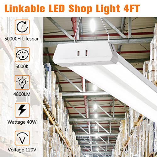 OOOLED 4FT Linkable LED Shop Light for Garages, 42W 4800LM 5000K Daylight Led Shop Lights, Ceiling Light with Pull Chain (ON/Off), Linear Worklight Fixture with Plug, 2 Pack