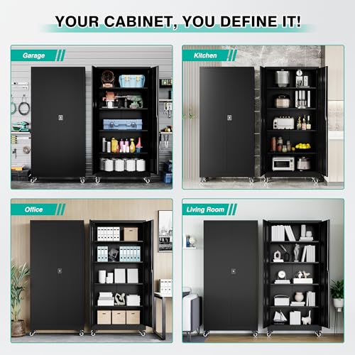 SISESOL Metal Storage Cabinet with Wheels,75 inch Tall Rolling Garage Storage Cabinet with Lock,Black Metal Cabinets with Wheels and Shelves,Deep Heavy Duty Tool Locker for Garage,Home,Office,Shop