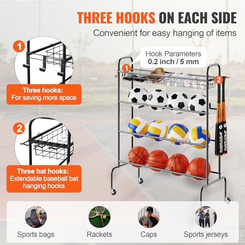 VEVOR Basketball Rack, 4-Layers Rolling Basketball Shooting Training Stand, Sports Equipment Storage Organizer with Wheels, Hooks and Baskets, Garage Ball Storage Holder for Football Soccer Volleyball