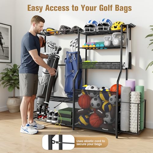 Homiesetify Garage Sports Equipment Organizer, 3 Golf Bag Organizer Stand Heavy-Duty Ball Storage Rack with Basket and Hooks, Ball Storage Cart for Toy Sports Gear Storage, Black (Extra Large)
