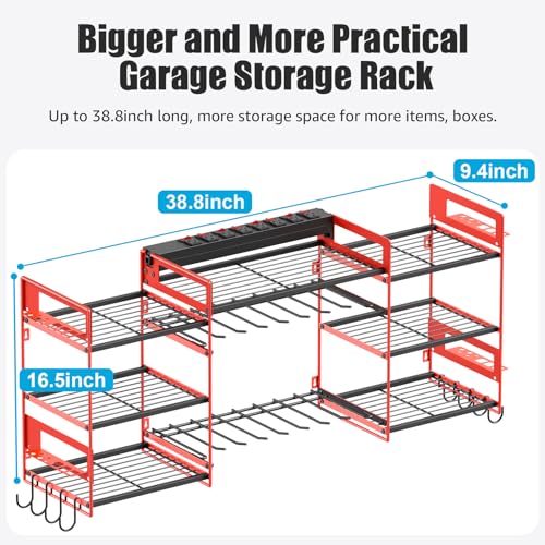 CCCEI Red Power Tool Organizer Wall Mount, Large Tools and Battery Storage Rack Charging Station Individual Switches. Drills Holder, Garage Utility Shelves with 6FT Power Strip. Gift for Men.