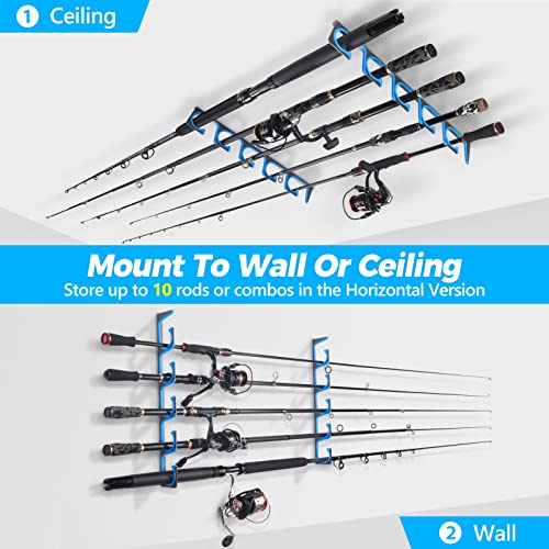 PLUSINNO H5 Horizontal Fishing Rod/Pole Holders for Garage, Wall or Ceiling Mounted Fishing Rod holder, Aviation Aluminum Fishing Pole Holder Holds up to 10 Rod or Combos or Nets Storage Racks