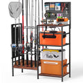 XOOL Fishing Rod Storage Rack for Garage, Holds up to 12 Rods, Heavy Duty Fishing Gear Organizer with Pegboard, 3-Tier Metal Stand with Shelves, Hooks & Accessory Storage
