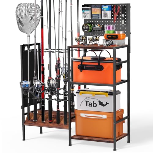 XOOL Fishing Rod Storage Rack for Garage, Holds up to 12 Rods, Heavy Duty Fishing Gear Organizer with Pegboard, 3-Tier Metal Stand with Shelves, Hooks & Accessory Storage