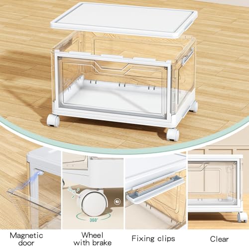 Kmiectse Clear Storage Bins with Lids - 4 Tier Plastic Bins with Wheels, Stackable Storage Bin, Closet Organizers Box for Bedroom, Living Room, 23 QT Folding Box with Magnetic Door