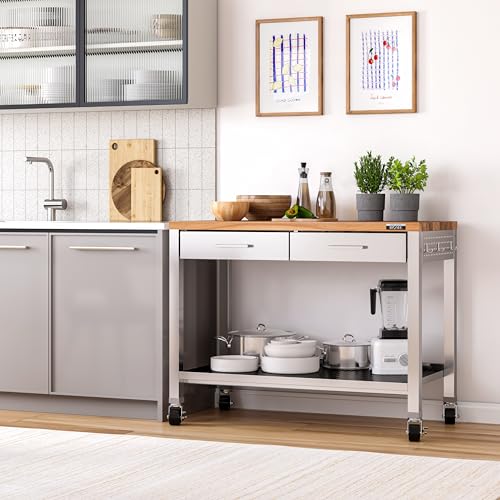 Seville Classics Commercial Work Table Island Utility Cart Prep Station, for Restaurant, Kitchen, Warehouse, Garage, Hotel, Home, Stainless-Steel, Solid Wood Top, 48" W x 24" D