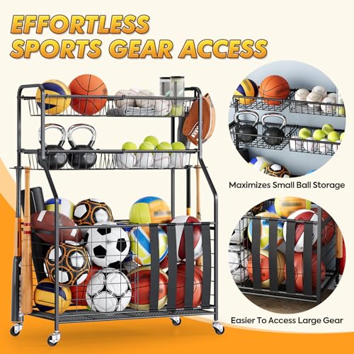 APEXCHASER Heavy Duty Sports Equipment Organizer, Garage Ball Storage Rack with Baskets & Hooks, Ball Organizer for Garage, Rolling Storage Cart for Basketball, Soccer Balls, Toys & Outdoor Gear