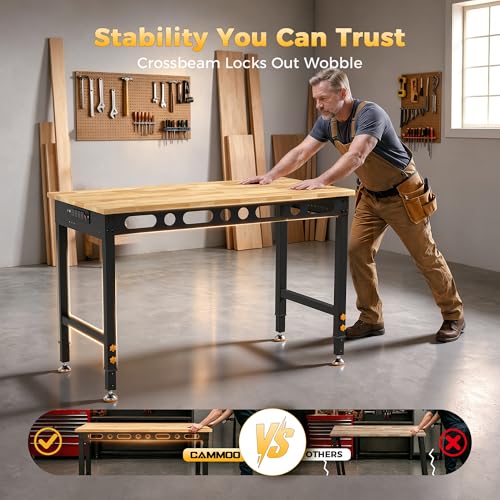 CAMMOO 48 Inch Adjustable Workbench 2000 LBS Capacity, Power Strip, Solid Rubber Wood Top, Heavy Duty Craft Work Table for Home, Garage, Workshop, and Office