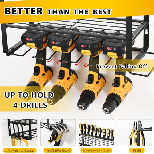 YHYLWJ Wall Mount Power Tool Organizer, 3 Layers Garage Wall Organize with 4 Cordless Drill Holders, Storage Rack for Workshop/Garage, 150Lbs Load Capacity, Heavy Duty Iron, Matte Black