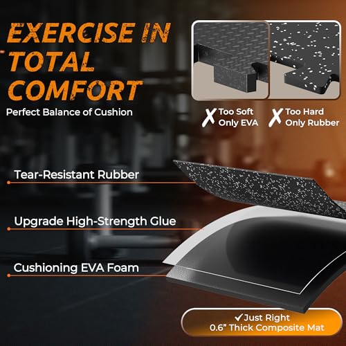 PRAISUN 0.6" Thicker Rubber Top Gym Flooring for Home Gym, 12 Pcs 48 Sq Ft Workout Mats, Exercise Mat, Interlocking Rubber Floor Mats with High Density EVA Foam for Garage, 24 x 24in, Black/Grey