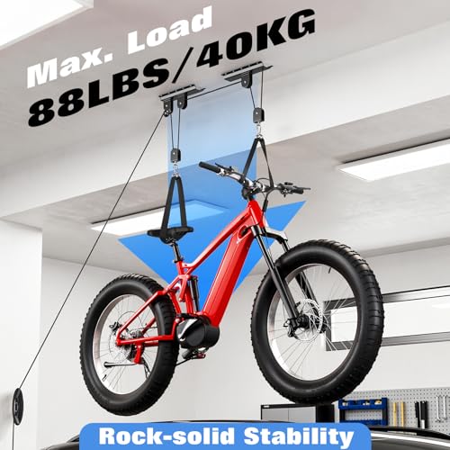 Housolution Bike Hoist, [1 Pack] Hoist Pulley System with 88Lbs, Fit 10-16Feet High Ceilings, Heavy-Duty Overhead Ceiling Storage System for Road, MTB, Fat Tire, Ebike Hanger, Ladders, Snowboard