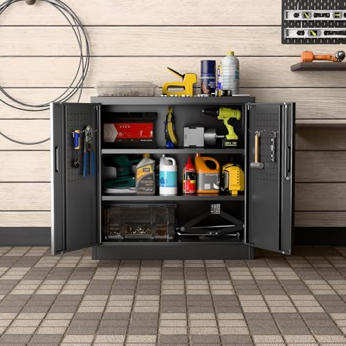 JAORD Metal Storage Cabinet with 2 Lockable Doors and 2 Adjustable Shelves, Locking Garage Storage Cabinet with Pegboard, Small Metal Cabinet with Lock for Garage, Home, Black, Assembly Required