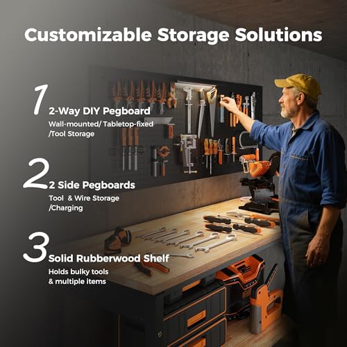 CAMMOO 60" Work Bench Adjustable Height with Storage Shelf, Max Load 2000 LBS Heavy Duty Rubberwood Tabletop with Pegboard, LED Light, Built-in Power Strip for Woodworking Shop, Garage, Home
