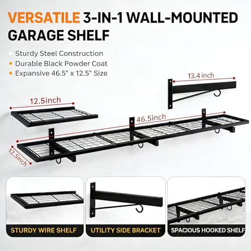 2 Pack Heavy Duty Garage Wall Shelves, 46"x12.5" Wall Mounted Floating Storage Shelf with 8 Hooks, Reinforced Powder Coated Steel Industrial Shelving, 380 LBS Load Capacity for Basement Workshop Shop