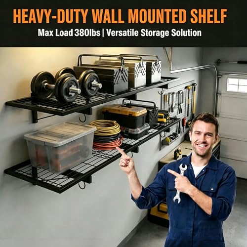 2 Pack Heavy Duty Garage Wall Shelves, 46"x12.5" Wall Mounted Floating Storage Shelf with 8 Hooks, Reinforced Powder Coated Steel Industrial Shelving, 380 LBS Load Capacity for Basement Workshop Shop