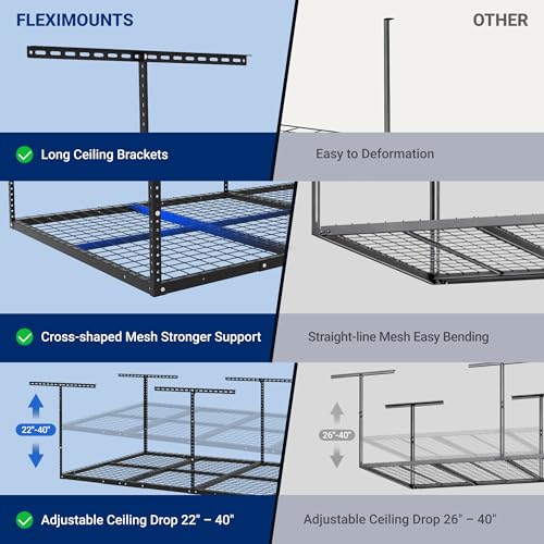 FLEXIMOUNTS 4x8 Overhead Garage Storage Rack, Adjustable Organization System, Heavy-Duty Metal Ceiling Racks, 2 pack, Black, Classic Series
