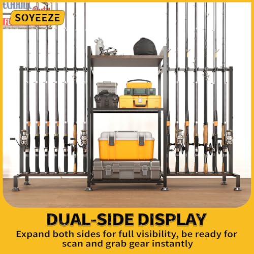SOYEEZE Fishing Rod Holder for 28 Rods, Ground Stand Fishing Pole Holders for Garage, 3-Sided Vertical Fish Rod Rack for Tackle Box, Fishing Supplies,a Display Fish Gear Storage Gift for Man