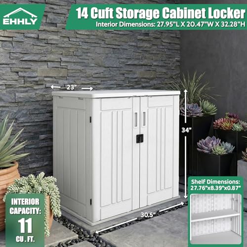 EHHLY Heavy Duty Small Storage Cabinet Outdoor Weatherproof, 14 Cuft Garage Storage Cabinet with 2 Adjustable Shelves, Lockable Kitchen Pantry Closer Organizer, 31Wx23Lx34H, Polar White