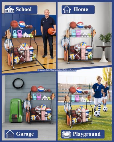 Logicexplore Sports Equipment Storage Organizer Rack with Rolling Wheels, Garage Ball Storage Cart for Basketball, Soccer, Baseball, Heavy-Duty Metal Sports Rack for Garage, Home, School Gym