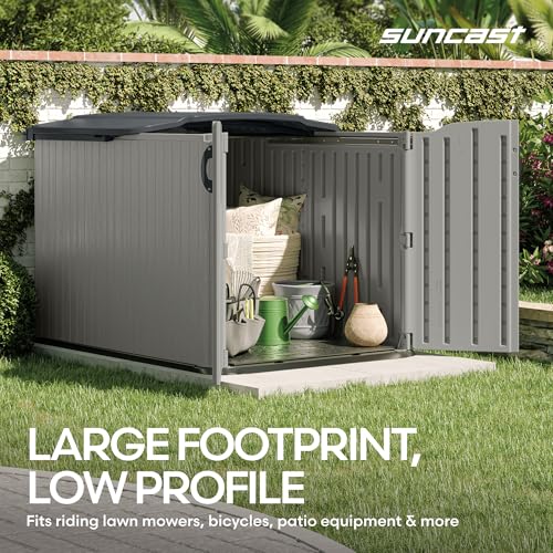 Suncast 138 Cu Ft Horizontal Outdoor Storage Shed, 57.5"x79.75"x52" Glidetop Outdoor Shed with Sliding Lid, Resin Storage Sheds with Floor for Bikes, Motorcycles, & Lawn Mower, Made in the USA