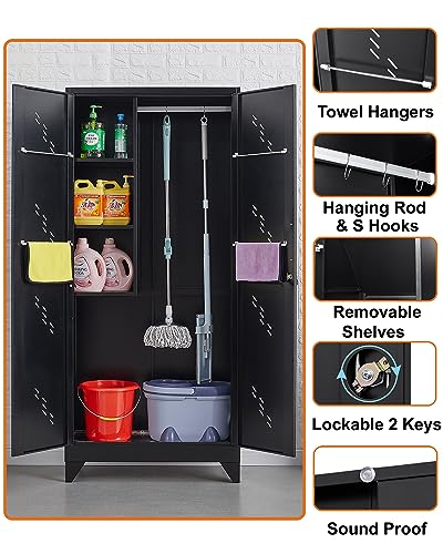 YILFANA 75" Metal Storage Cabinet with Lockable Doors, Functional Garage Storage Cabinets, Heavy-Duty Tool Organization Cabinet with Hanging Rod & S-Hooks (75" Utility Closet)