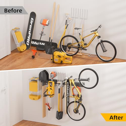 GRENPRO Garage Tool Organizer Wall Mount with 49.5 inches Rails and 6 Double-layer Hooks, Heavy Duty Tool Rack, Garage Storage Rack For Yard Tools