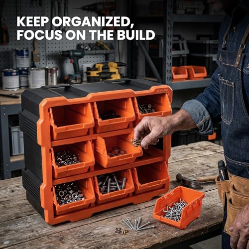 Tactix Modular Storage Tower Cabinet, Black & Orange, Polypropylene, 9 Removable Bins, Wall Mount, 12.5x6.6x14.9 Inches, Garage Workshop