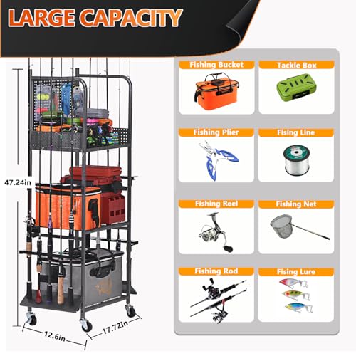 Lezbanz Heavy Duty Fishing Rod Rack with Pegboard & Hooks, Fishing Organizer for Garage Holds Up to 10 Rods, 3-Tier Fishing Gear Holder for Garage with Movable Wheels